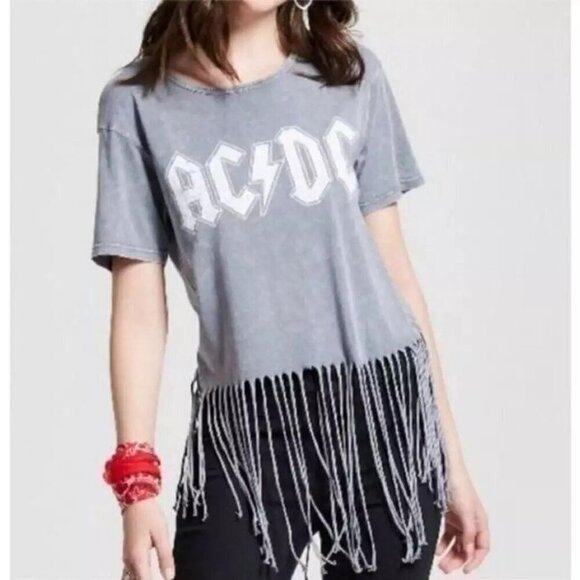 AC/DC Graphic T-Shirt Cropped Fringe Women's Size Small Gray - Picture 1 of 6